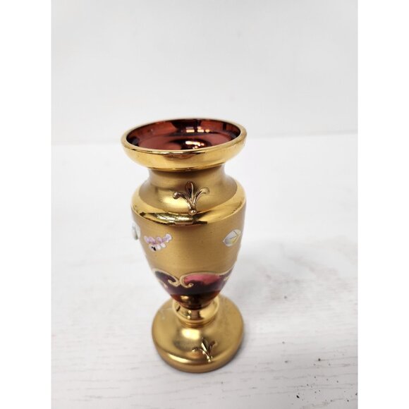 Vintage Bohemian Pink Glass Gold Overlay Floral Vase Raised Design Germany - Picture 5 of 10